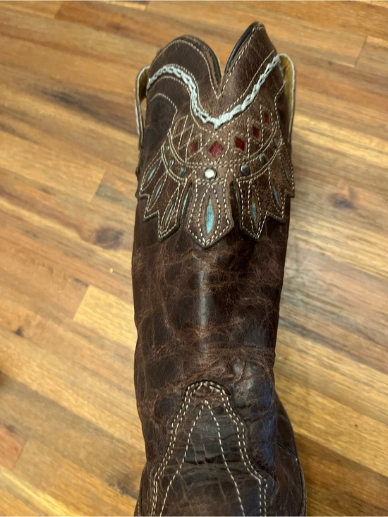 Tony Lama Shoes - Tony Lama Dark Brown Leather Western Heeled Boot with Turquoise and Red Accents